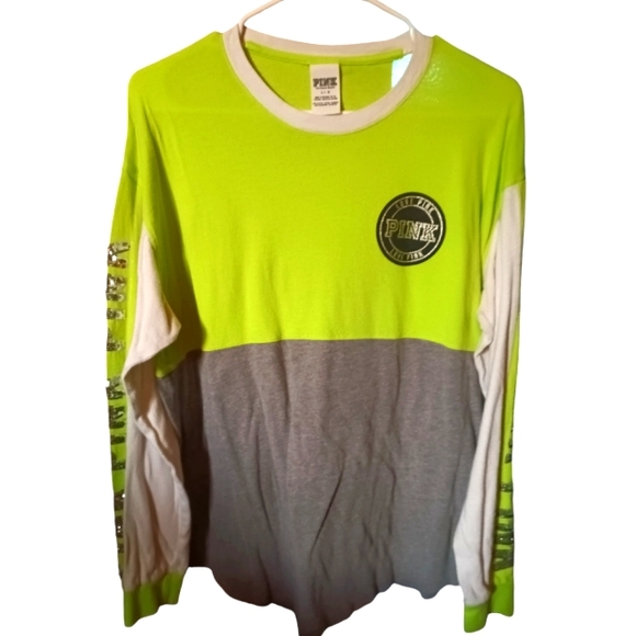 PINK VS Long Sleeve Sequin (Bling) Crewneck Shirt Neon Yellow & Gray 😍🔥💎 rare - Picture 2 of 3